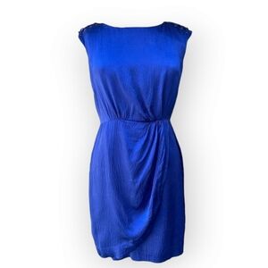 Cynthia Steffe Women Faux Wrap Sheath Dress Royal Blue Cap Silk Lace Accent Sz 6